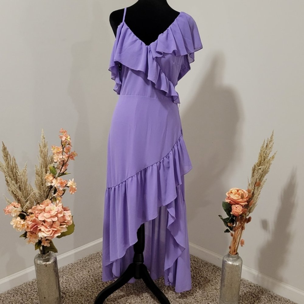 Belle Asymmetrical Neck Ruffle Trim Dress